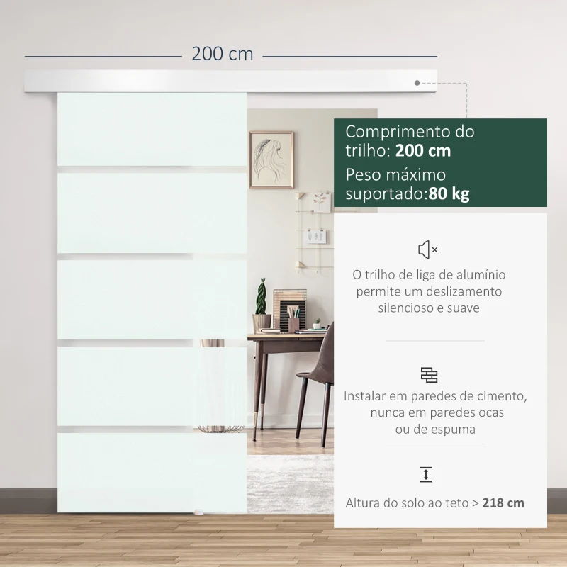 HOMCOM Porta de Correr de Vidro 90x205 cm Porta de Correr de Vidro com Trilho Translúcida