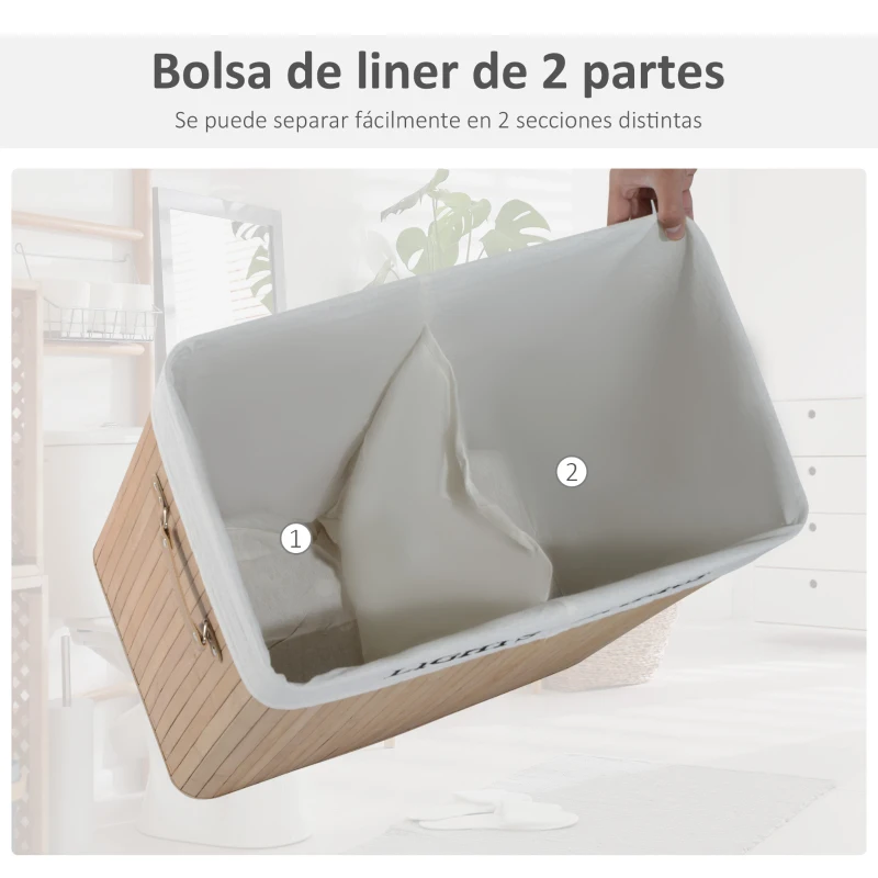 HOMCOM Cesto de Roupa de Bambú Capacidade de 100L Cesta para Roupa Suja Retangular com Tampa Removível Bolsa com 2 Compartimentos 52x32x63cm Bambú
