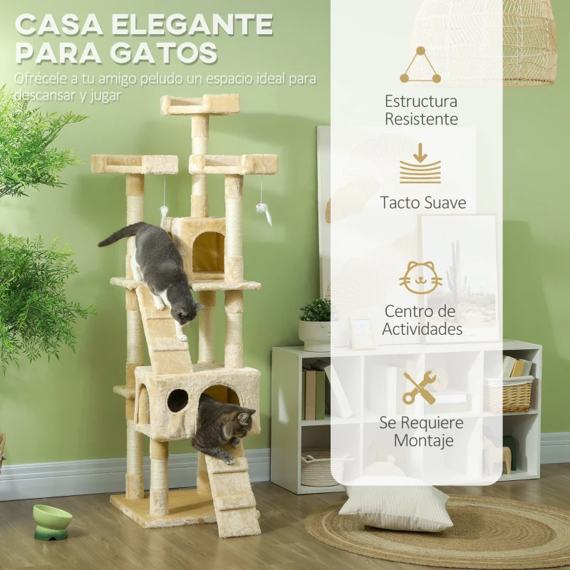 PawHut Árbol Rascador para Gatos, Árbol para Gatos 173 cm, Torre Escalador con 4 Plataformas, Rampas, 2 Cuevas, 3 Camas, Postes de Sisal, Juguetes Colgantes, Beige