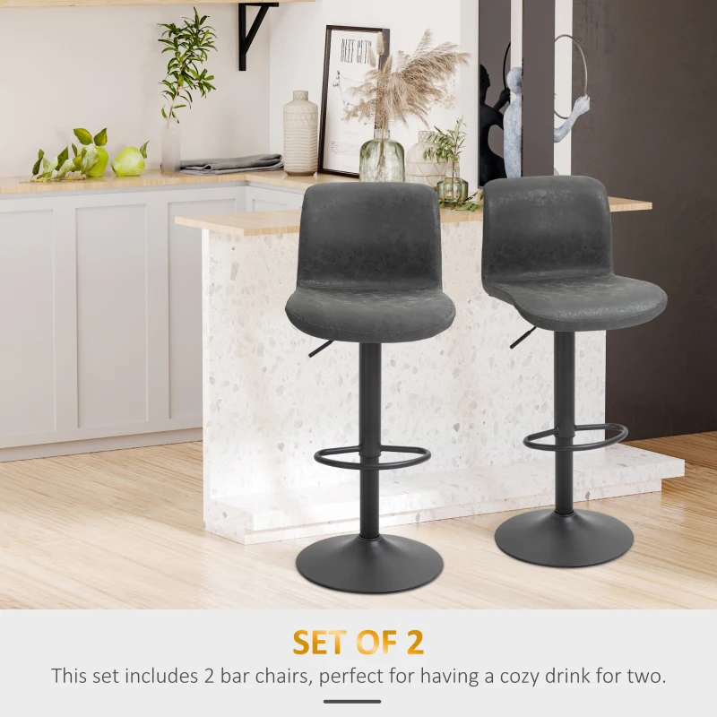 HOMCOM Set of 2 Bar Stool, Adjustable Height PU Leather Barstools with Swivel Seat and Footrest for Breakfast Bar, Kitchen and Home, Grey