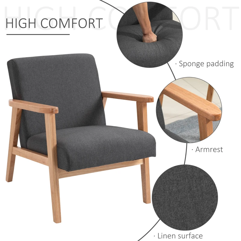 HOMCOM Fabric Accent Chair for Living Room, Arm Chair with Rubber Wood Frame and Padded Cushion, Dark Grey
