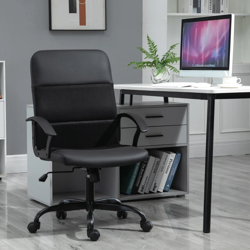 Vinsetto Mesh Office Chair, Faux Leather Desk Chair with Swivel Wheels, Adjustable Height and Tilt Function, Black