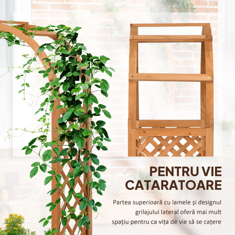 Outsunny Jardiniera de Exterior din Lemn de Brad Maro cu Arc Decorativ si Grile pentru Plante Cataratoare, 83x36x152 cm