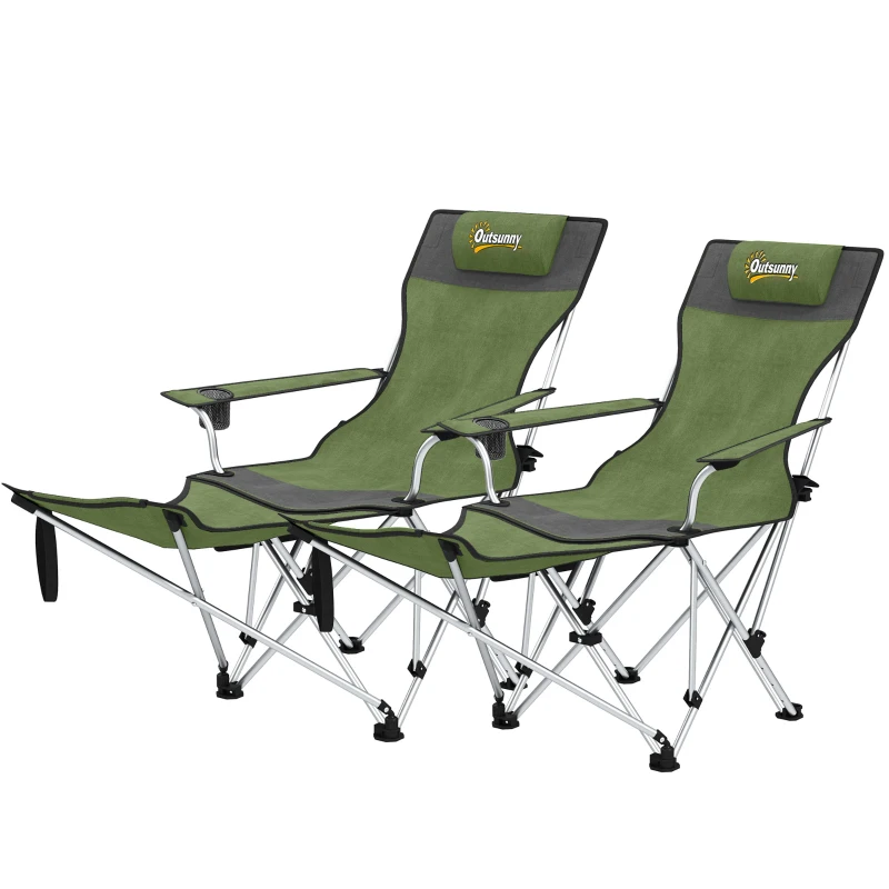 Outsunny Set of 2 Reclining Folding Camping Chair w/ Detachable Footrest, Storage Bag, Cup Holder & Headrest, Lightweight Portable Camp Chair for Beach, Picnic, Olive Green and Grey
