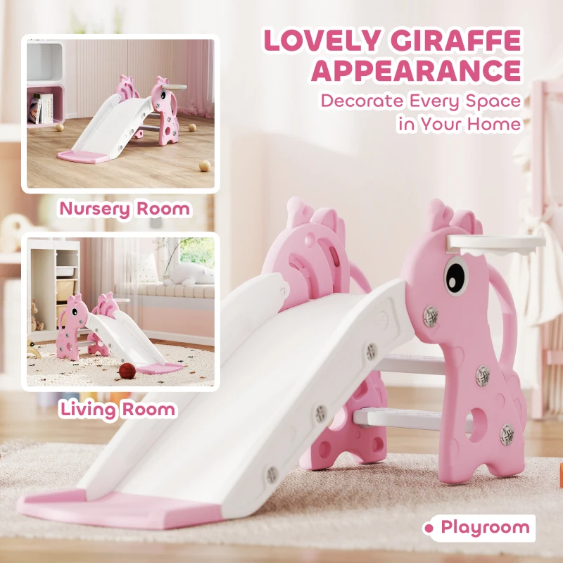AIYAPLAY 3 in 1 Kids Slide with Climber, Basketball Hoop and Ball, Giraffe Shape Climber Slide for Indoor Kids Age 1-3, Pink