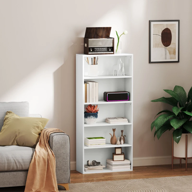 HOMCOM Mobile Libreria a 5 Ripiani con 3 Scaffali Flessibili, in Legno, 60x24x133.5 cm, Bianco