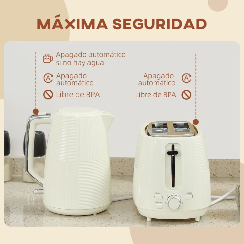HOMCOM Juego de Hervidor de Agua Eléctrico 2200W 1,7L y Tostador Pan Ranura Ancha para 2 Rebanadas 3 Funciones Crema