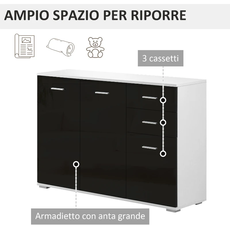 HOMCOM Comò, Mobiletto per Soggiorno e Camera con 3 ante e 2 cassetti, Nero Lucido, Antigraffio (106 x 35 x 76 cm)