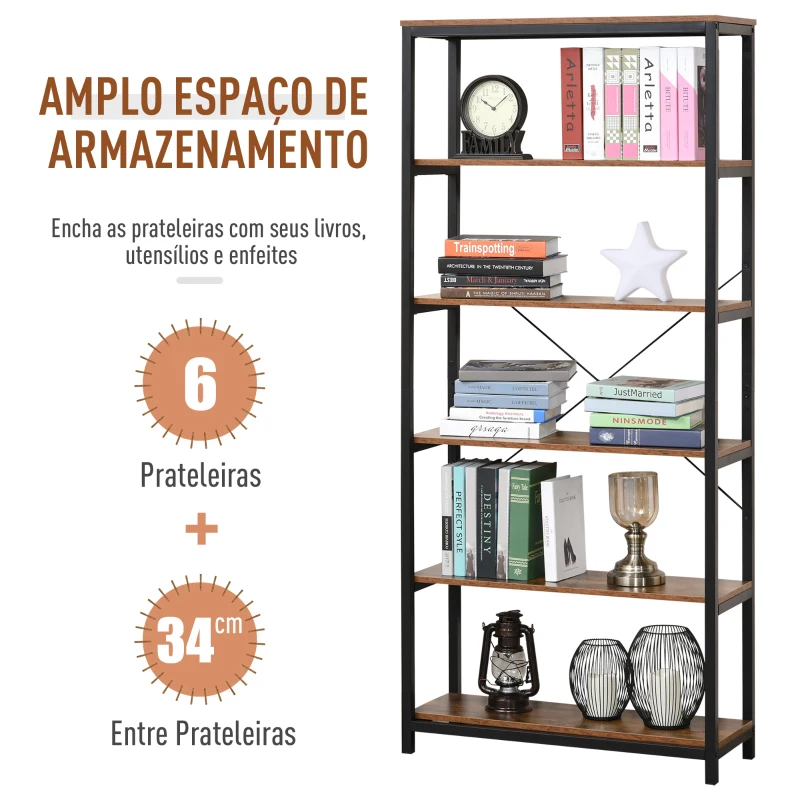 HOMCOM Estante estilo industrial com 6 prateleiras abertas para sala de estar Escritório 80x30x180 cm Castanho Rústico