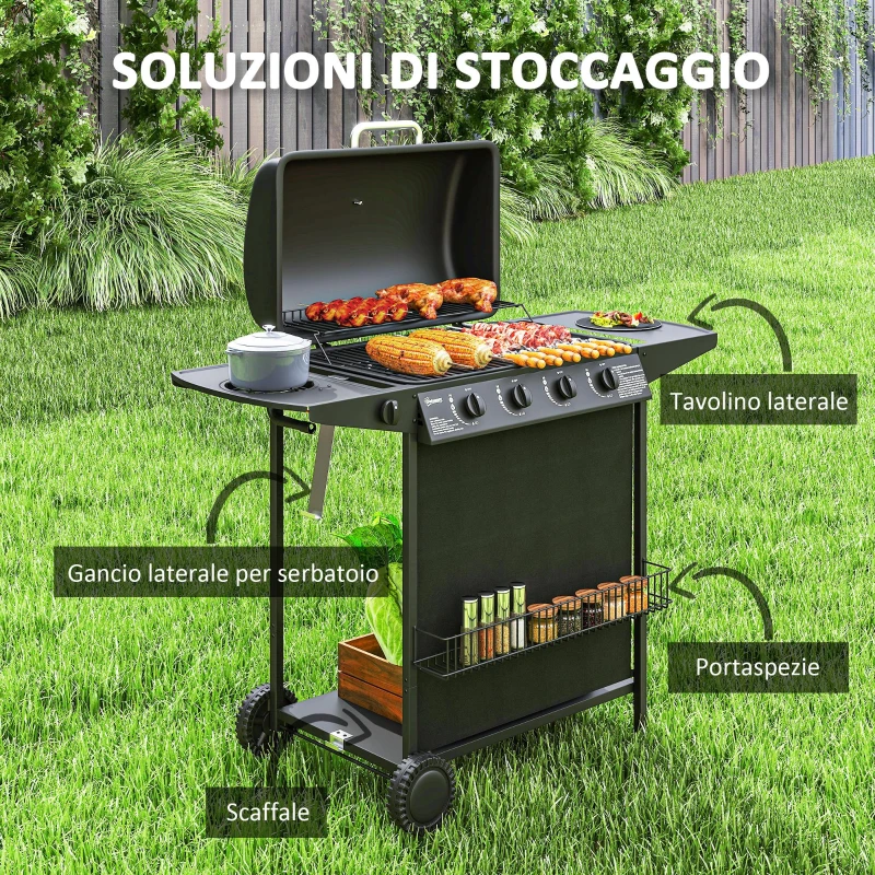 Outsunny Barbecue a Gas con 4+1 Bruciatori Indipendenti e Coperchio con Termometro, 121x54x97 cm, Nero
