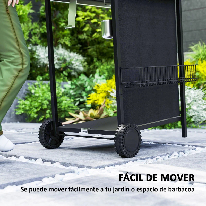 Outsunny Barbacoa de Gas con 3 Quemadores Quemador Lateral Tapa con Termómetro Parrilla y Mesa Lateral Ruedas 108x54x97 cm Negro