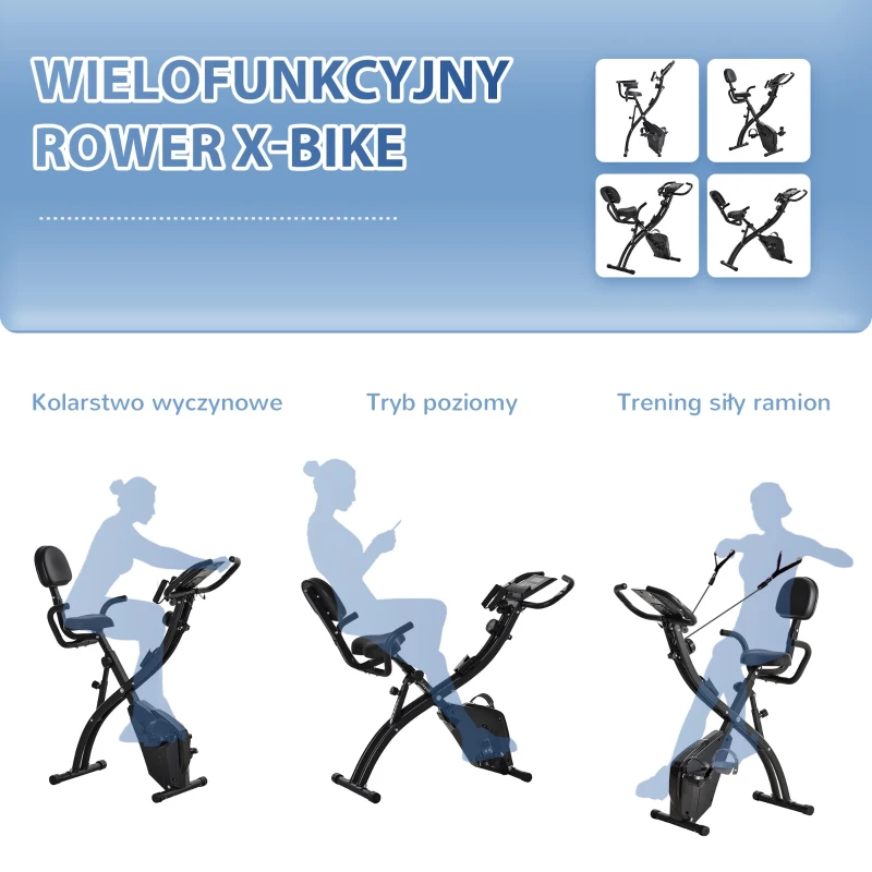 HOMCOM Rower treningowy Składany X-bike Z parą kabli napinających 2 w 1 do użytku domowego Regulowane siedzisko i opór Stalowy 51 x 97 x 115 cm Czarny(m-8)