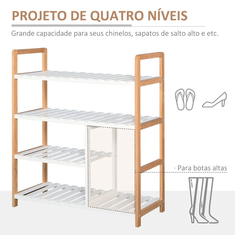 HOMCOM Sapateira multiuso com 4 níveis Máximo 11 pares com compartimento para botas altas Prateleira para sapatos Madeira maciça de pinho 68x26x78 cm Branco