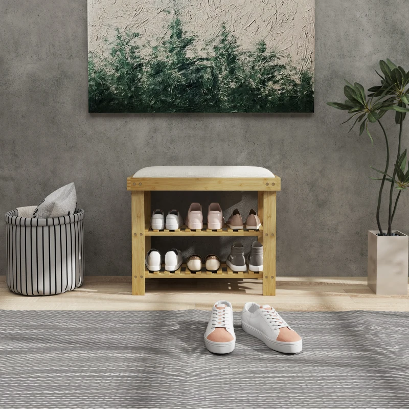 HOMCOM Banco Zapatero de Bambú con Cojín Zapatero de 2 Niveles para Entrada Pasillo o Dormitorio 60x29x49 cm Crema