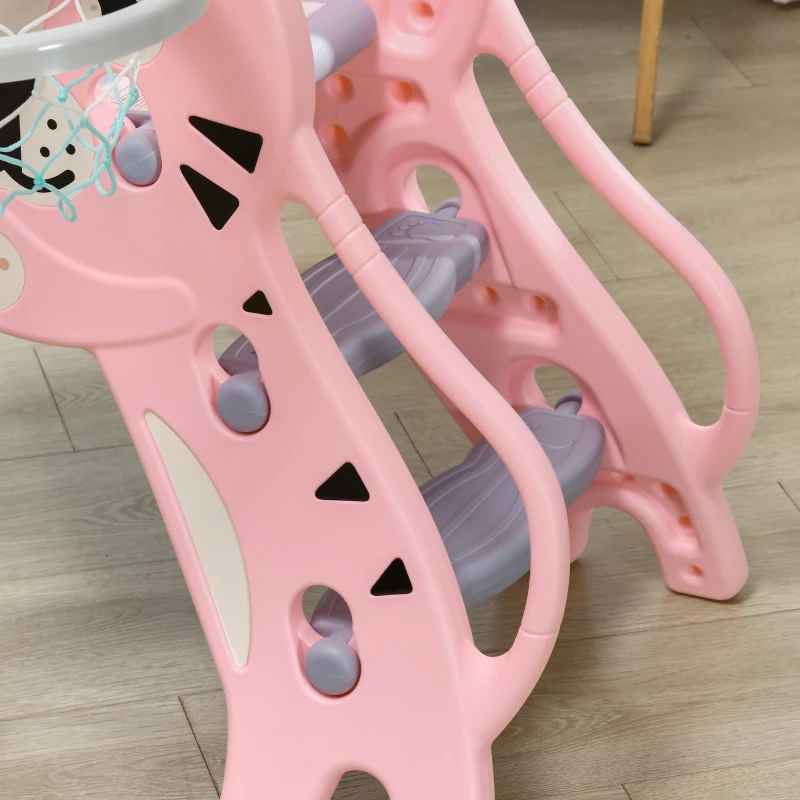 AIYAPLAY Tobogan pentru Copii 18-36 Luni cu Coș de Baschet Lateral și Tobogan din Plastic, 133x60x70 cm, Roz
