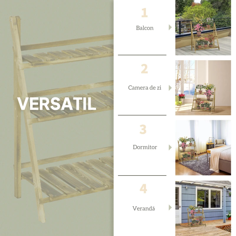Outsunny Suport Pliabil pentru Plante din Lemn de Brad cu 3 Nivele, 100x37x93 cm, Lemn Natural