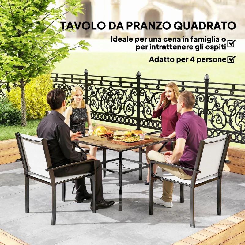 Outsunny Tavolo da Giardino Marrone per 4 Persone con Foro Centrale per Ombrellone, 94L x 94P x 71A cm