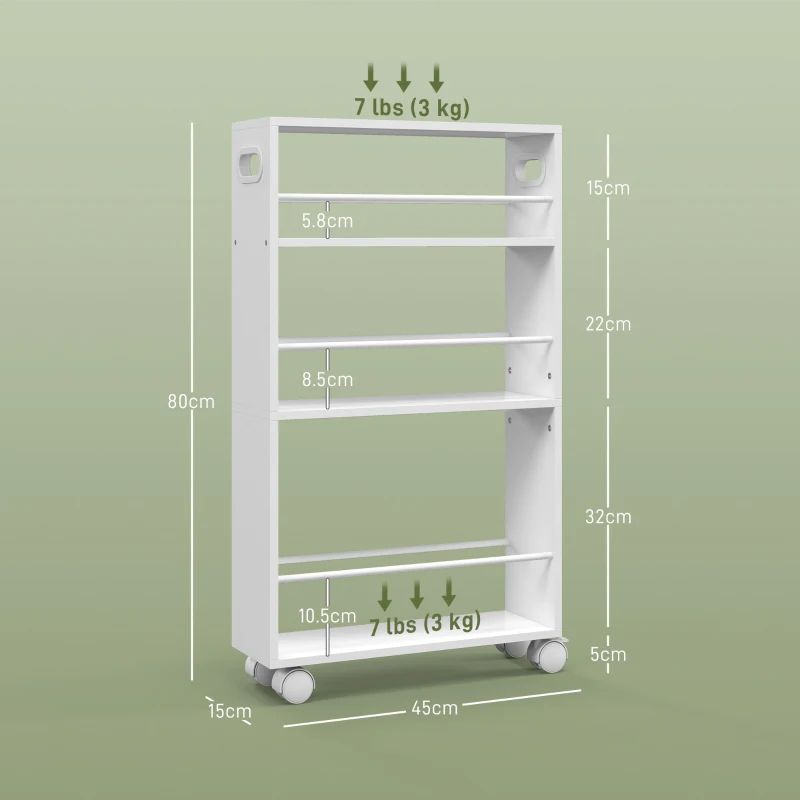 HOMCOM Cărucior de Bucătărie cu 3 Nivele, Bare Laterale, 4 Roți și 2 Frâne, 45x15x80 cm, Alb