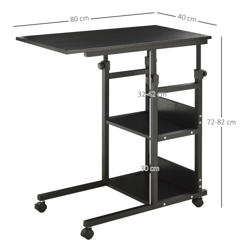 HOMCOM Mesa Lateral para Sofá Mesa lateral em Forma de C com 4 rodas Giratórias Freios Altura Ajustável 3 níveis Estrutura Metálica 80x40x72-82cm Preto
