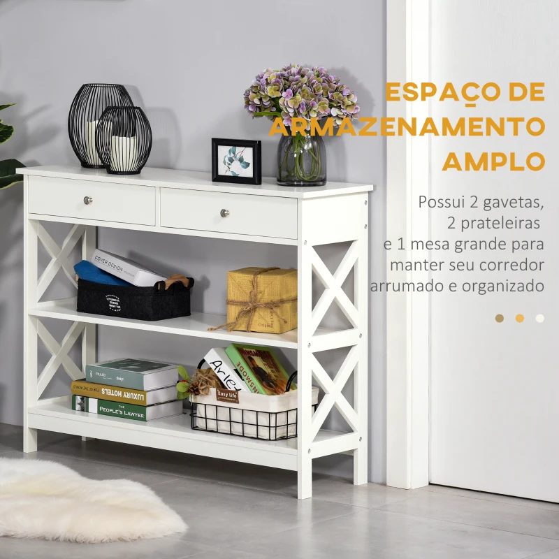HOMCOM Mesa consola tipo aparador para Corredor com 2 gavetas e 2 prateleiras inferiores Móveis modernos 100x30.5x80 cm Branco