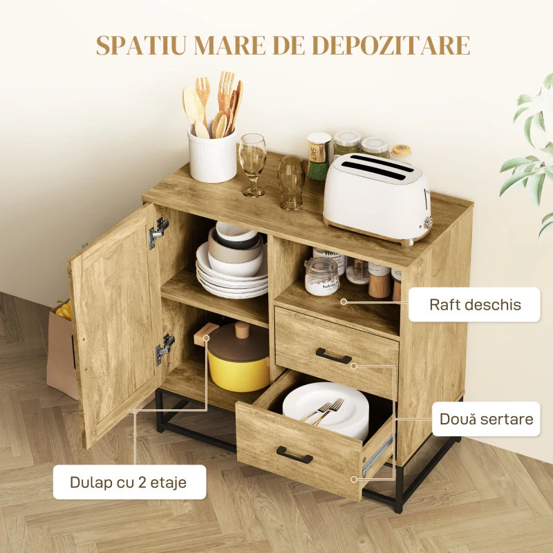 Homcom Bufet cu 2 Sertare si Raft Metalic 80×40×78 cm