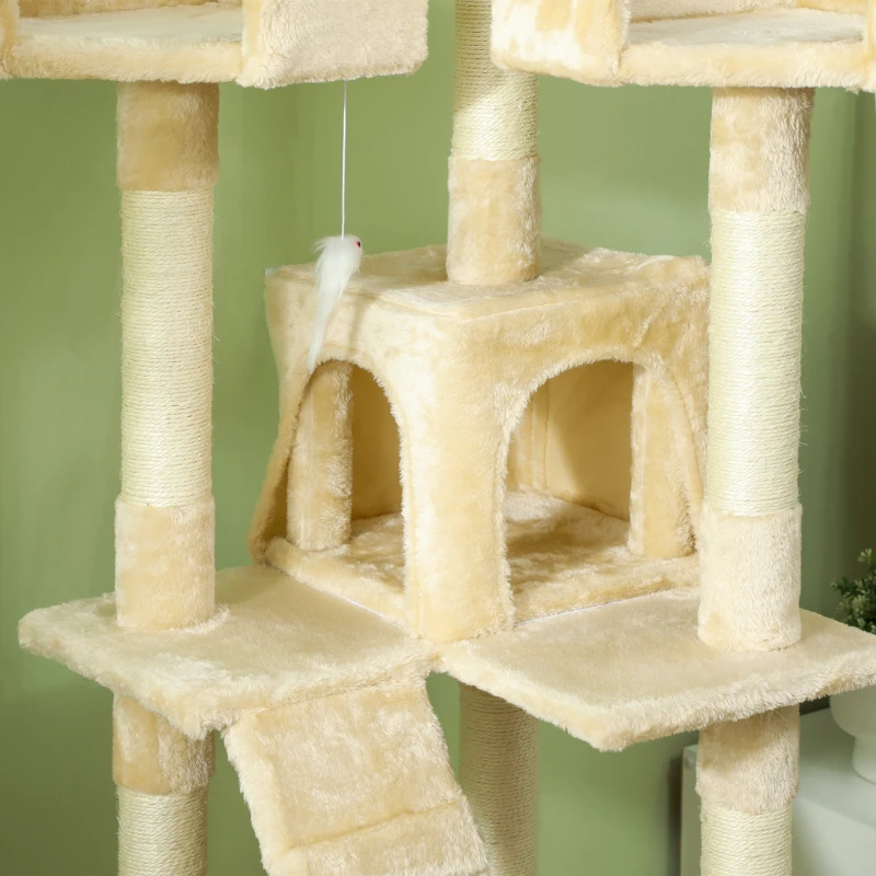 PawHut Árbol Rascador para Gatos, Árbol para Gatos 173 cm, Torre Escalador con 4 Plataformas, Rampas, 2 Cuevas, 3 Camas, Postes de Sisal, Juguetes Colgantes, Beige