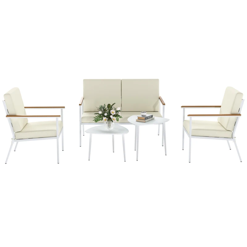 Outsunny Conjunto de Muebles de Jardín de 5 Piezas con Sofá Sillones y Mesas con Tablero de Vidrio Templado Cojines Beige