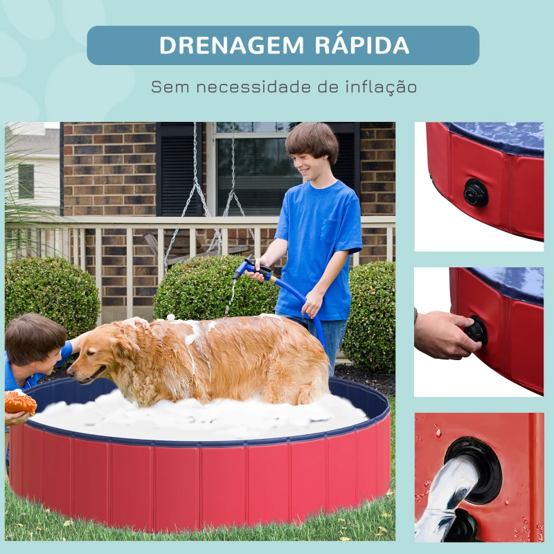 PawHut Piscina Dobrável para Cães Ø140x30 cm Banheira Portátil para Animais de Estimação Antiderrapante PVC Multiusos Cor Vermelho