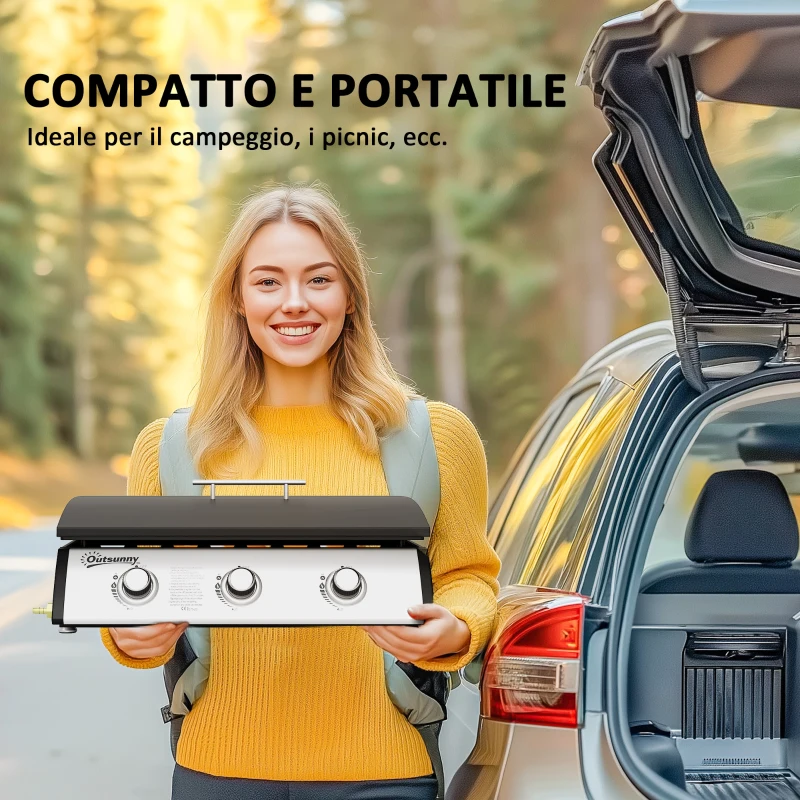 Outsunny Piastra a Gas in Acciaio Smaltato con 3 Bruciatori Potenza 7.5kW, 3 Zone di Cottura e Coperchio, Nero