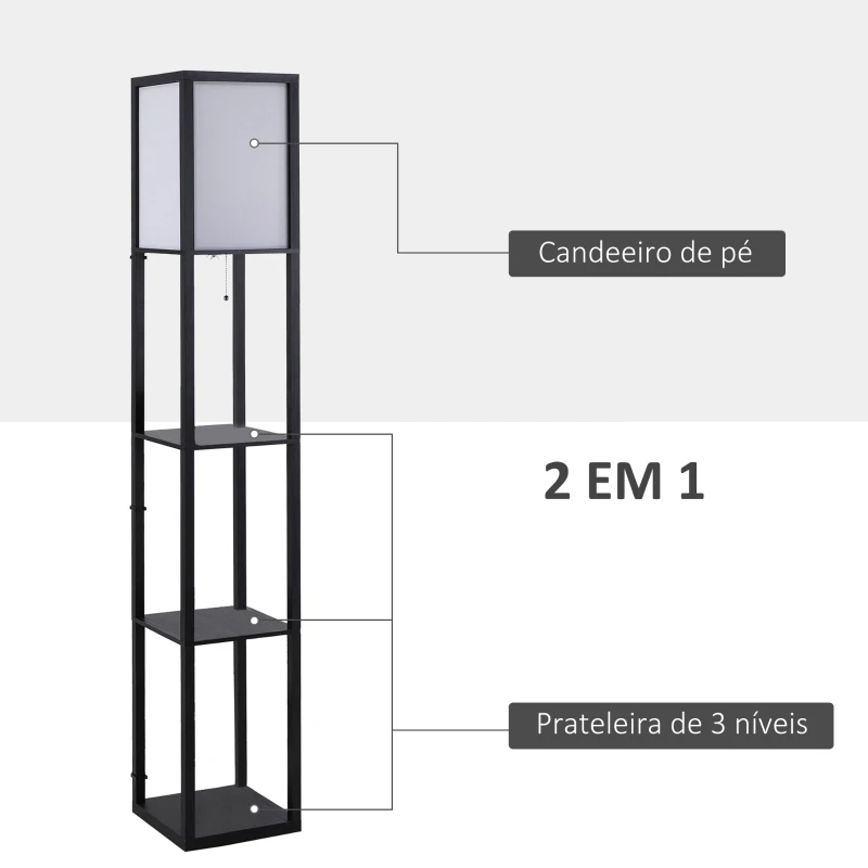 HOMCOM Candeeiro de Pé de Madeira com 3 Prateleiras De Armazenamento para Lâmpada E27 Potência Máx. 40W Candeeiro Moderno para Sala de Estar Dormitório 26x26x160cm Preto