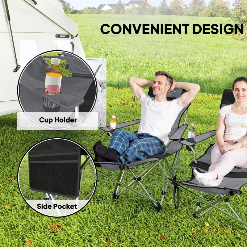 Outsunny Set of 2 Reclining Folding Camping Chair w/ Detachable Footrest, Storage Bag, Cup Holder & Headrest, Lightweight Portable Camp Chair for Beach, Picnic, Grey and Black