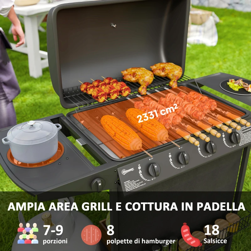 Outsunny Barbecue a Gas con 4+1 Bruciatori Indipendenti e Coperchio con Termometro, 121x54x97 cm, Nero