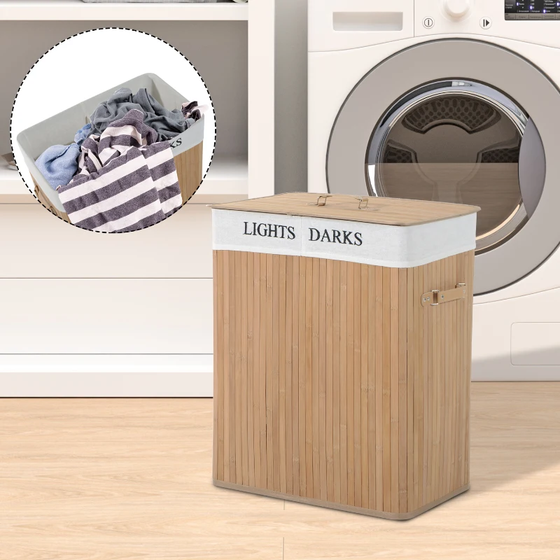 HOMCOM Cesto de Roupa de Bambú Capacidade de 100L Cesta para Roupa Suja Retangular com Tampa Removível Bolsa com 2 Compartimentos 52x32x63cm Bambú