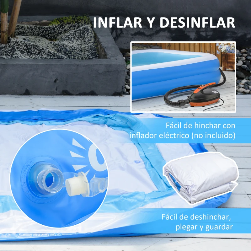 Outsunny Piscina Hinchable Rectangular 1.300 Litros 262x176x56 cm para 1-2 Personas Piscina Inflable Familiar para Adultos y Niños en Jardín Patio Exterior Azul