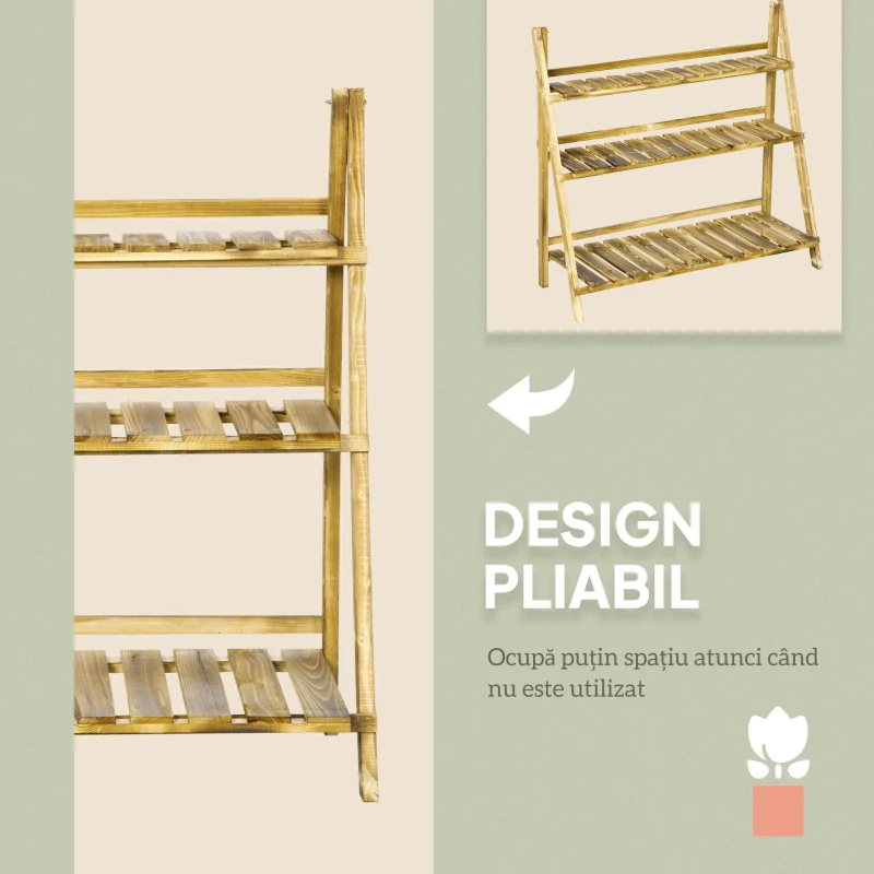 Outsunny Suport Pliabil pentru Plante din Lemn de Brad cu 3 Nivele, 100x37x93 cm, Lemn Natural