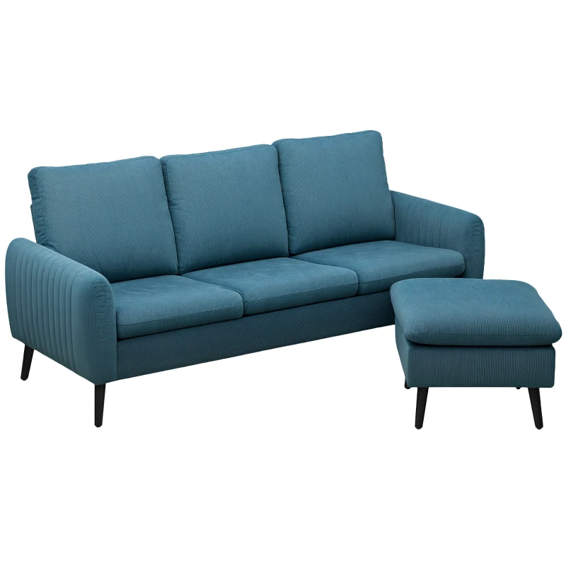 HOMCOM Fabric Sofa with Ottoman, Corduroy L-shaped Sofa Couch with Scatter Back, Reversible 3-Seater Chaise Lounge for Living Room, Home Office, Small Spaces, Blue