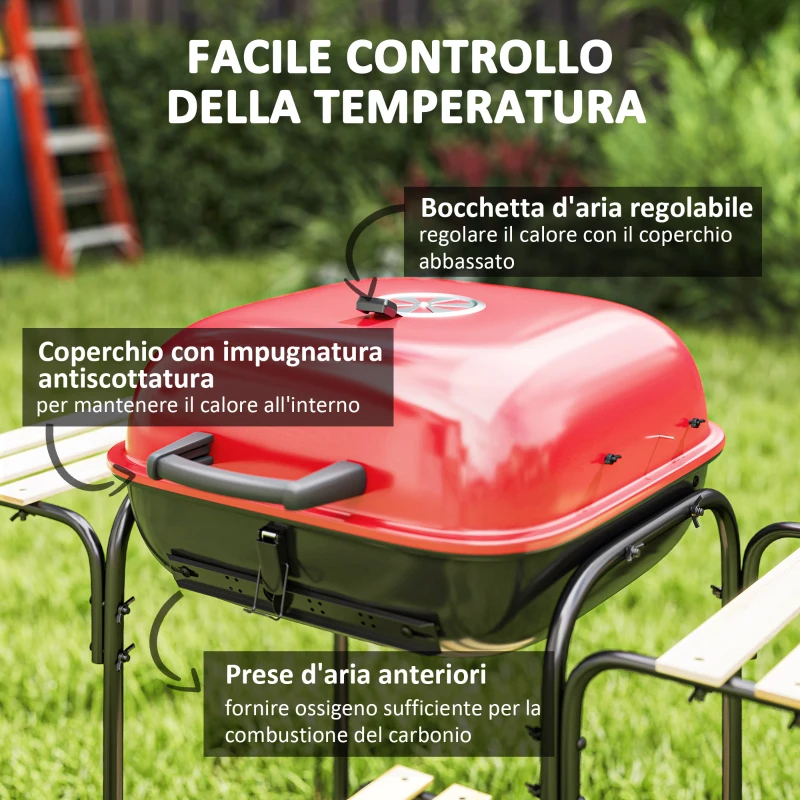 Outsunny Barbecue a Carbone con 3 Ripiani e Ruote, Coperchio con Presa d'Aria Regolabile, Rosso