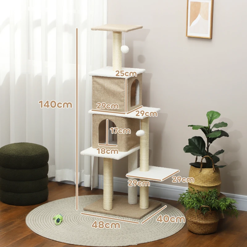 PawHut Árbol Rascador para Gatos de Borreguito de 140 cm con 2 Cuevas Plataformas Bolas Colgantes y Poste de Sisal Marrón Claro