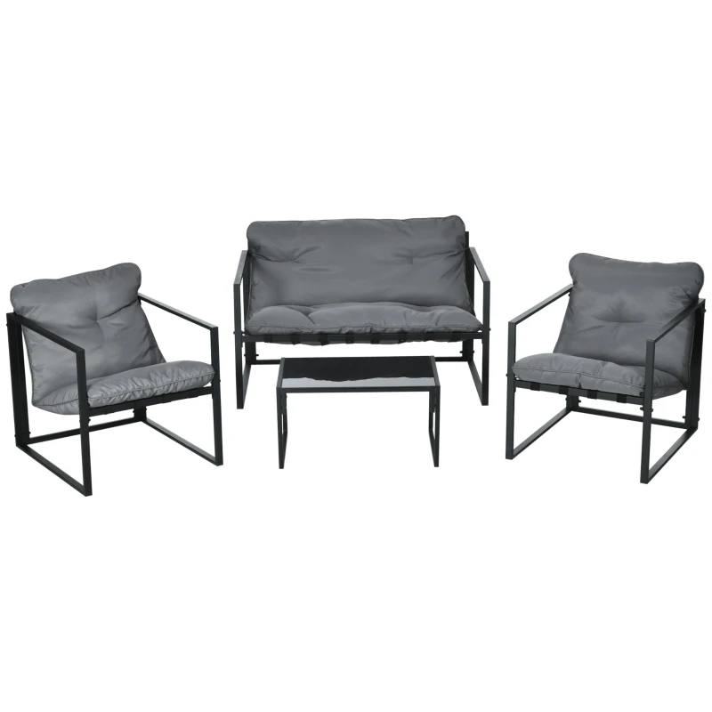 Outsunny Garden Furniture Set, 1 Glass Table, 2 Armchairs, 1 Sofa, Weather-Resistant, 114cm x 70cm x 67cm, Gray + Black