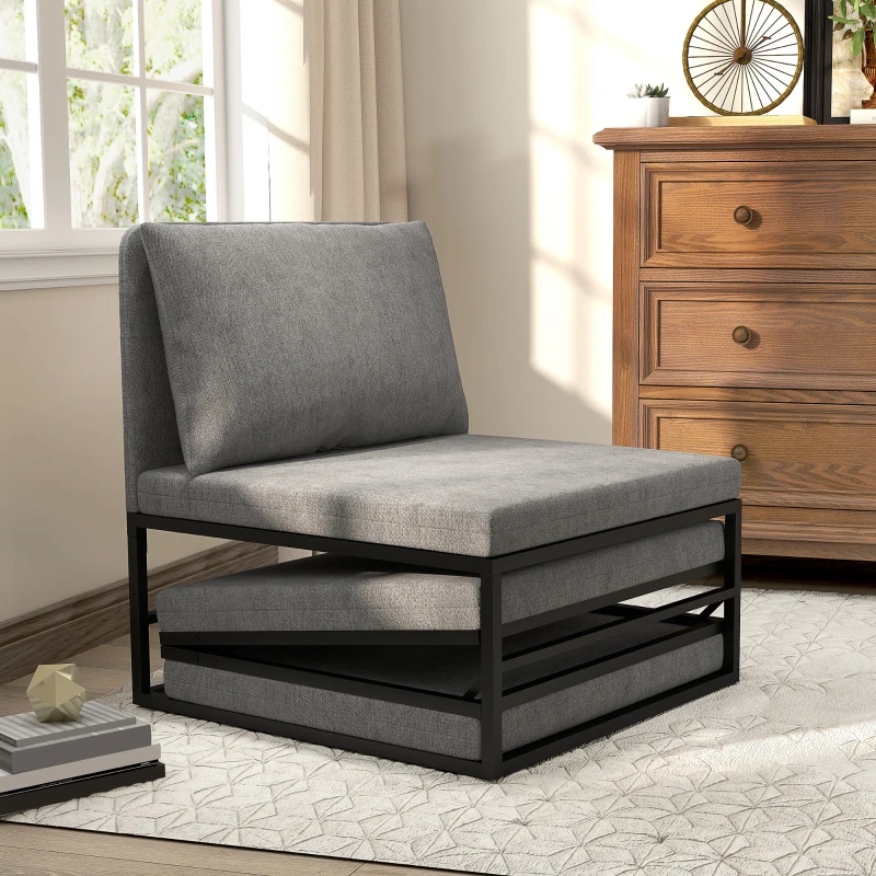 HOMCOM Poltrona Letto con Cuscino e Copertura Protettiva, in Tessuto Effetto Lino e Metallo, 66x70x74 cm, Grigio