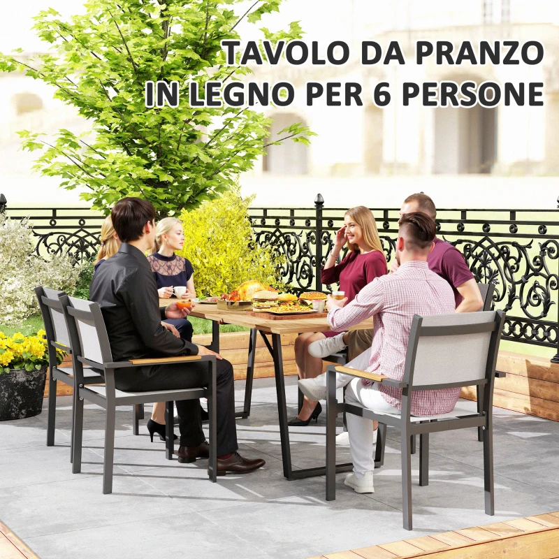 Outsunny Tavolo da Giardino Rettangolare a 6 Posti con Foro per Ombrellone, Legno e Acciaio, 175x80x75 cm, Marrone