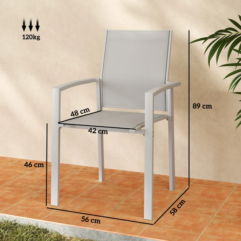 Outsunny Set 2 Sedie da Giardino Impilabili con Seduta Traspirante, in Acciaio e Textilene, 56x58x89 cm, Grigio Chiaro