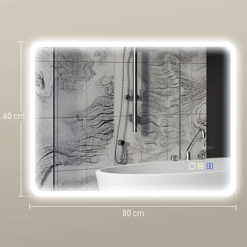 HOMCOM 60 x 80 cm Backlit Illuminated Bathroom Mirror with LED Lights and Bluetooth - Silver Tone