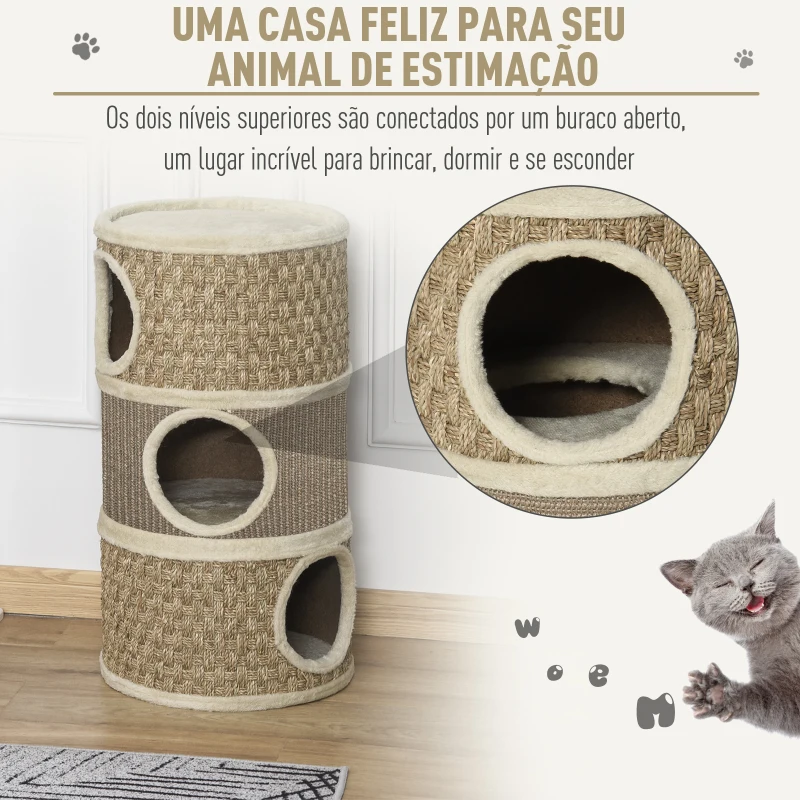 PawHut Arranhador em Forma de Cilindro para Gatos com 3 Níveis Plataforma e Caverna Confortável 37,5x37,5x70 cm Marrom Claro e Bege