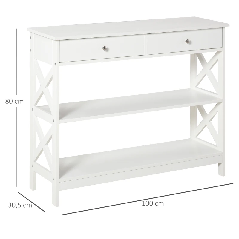 HOMCOM Mesa consola tipo aparador para Corredor com 2 gavetas e 2 prateleiras inferiores Móveis modernos 100x30.5x80 cm Branco