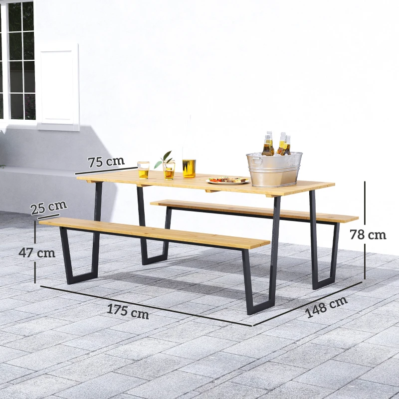 Outsunny 3-Delige Biertafelset Hout met Parasolgat, Biertafel 2 x Bierbank 175 x 148 x 78 cm Natuurhout