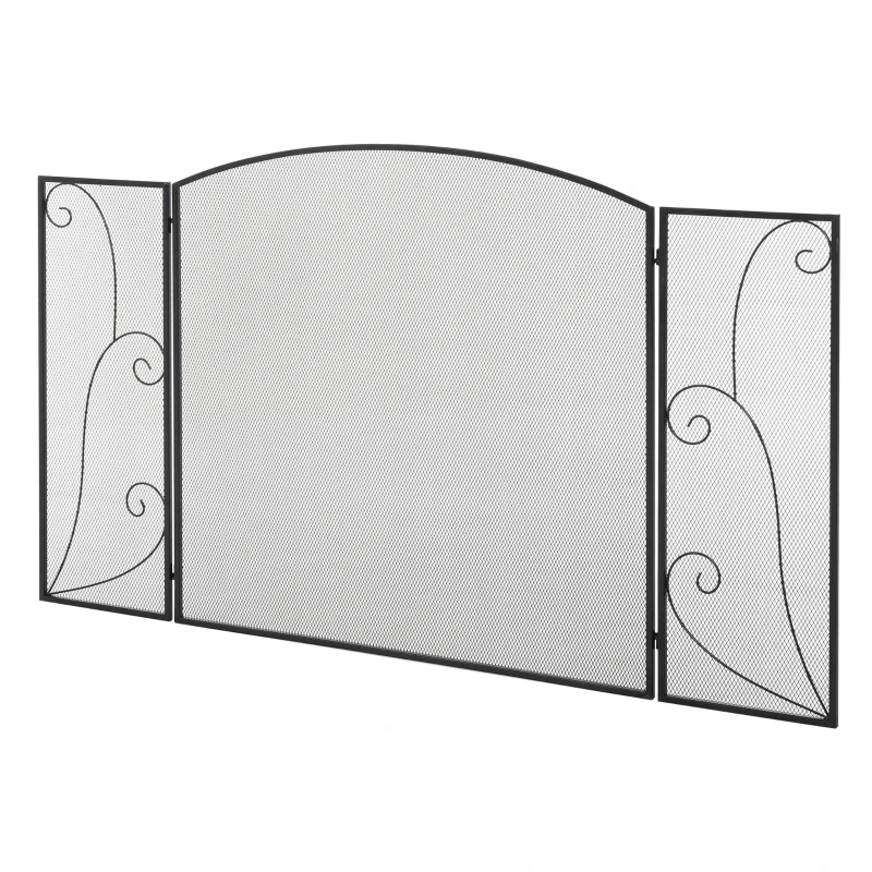 HOMCOM Frente para Lareira de 3 Painéis Dobrável com Dobradiças Estrutura Metálica e Malha Decorativa 132,5x76,5cm Preto
