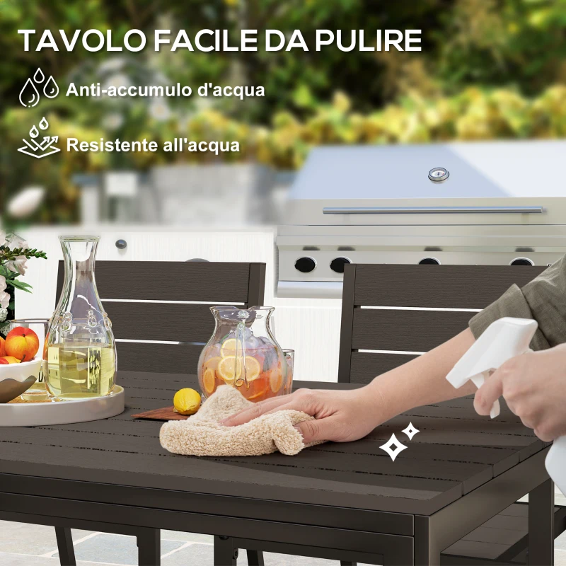 Outsunny Set da Esterno con Tavolo da Pranzo Rettangolare e 6 Sedie Impilabili con Braccioli, Marrone