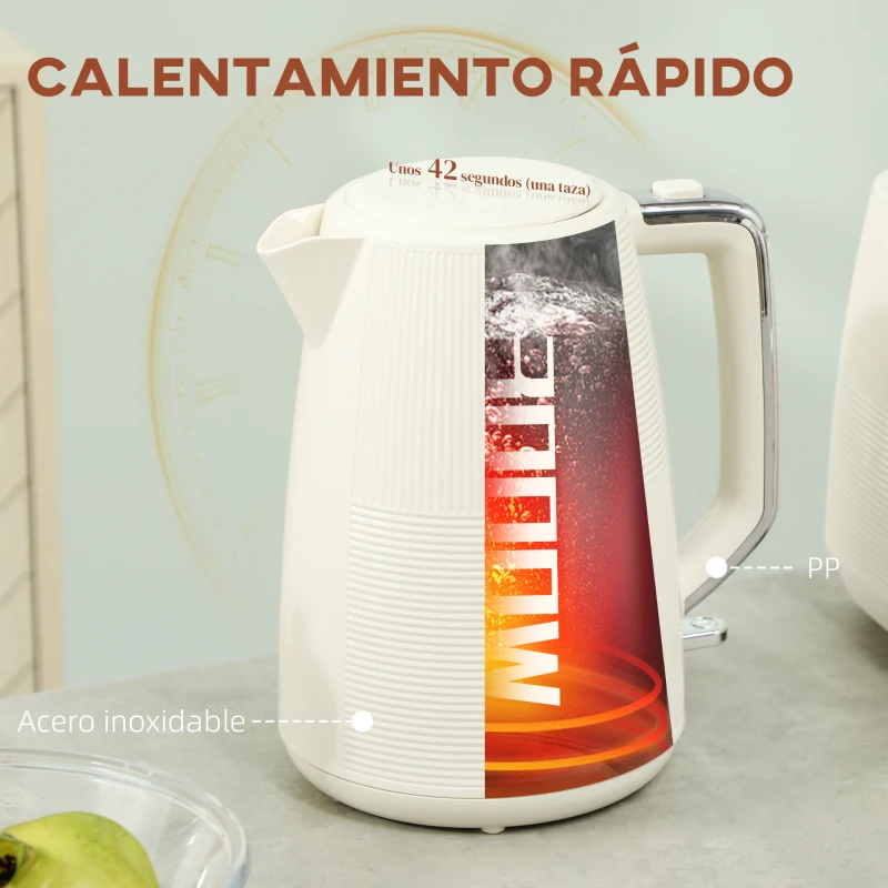 HOMCOM Juego de Hervidor de Agua Eléctrico 2200W 1,7L y Tostador Pan Ranura Ancha para 2 Rebanadas 3 Funciones Crema