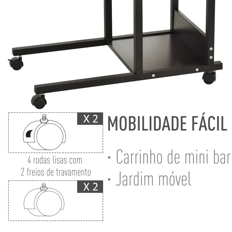 HOMCOM Mesa Lateral para Sofá Mesa lateral em Forma de C com 4 rodas Giratórias Freios Altura Ajustável 3 níveis Estrutura Metálica 80x40x72-82cm Preto